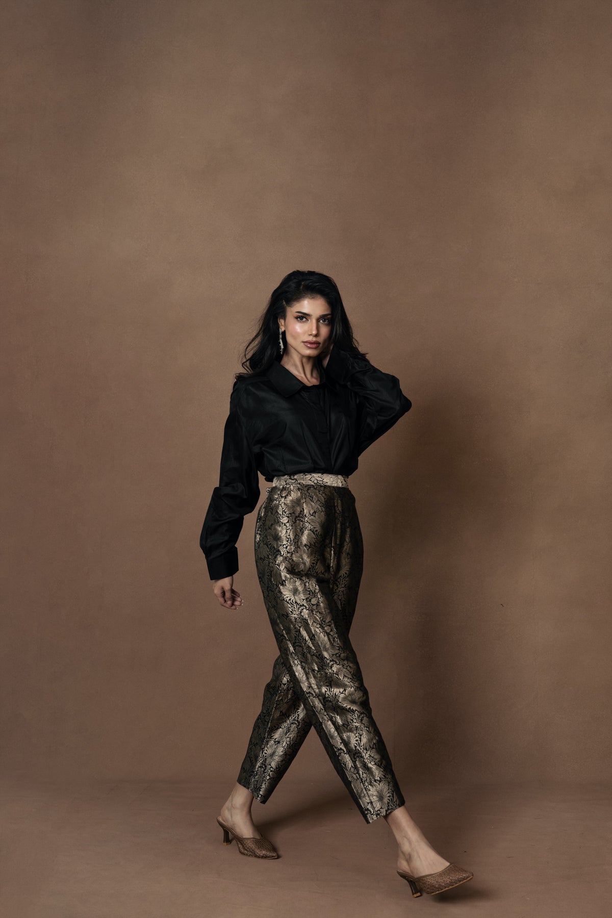 Brocade Barrel Pants with Black Silk Shirt