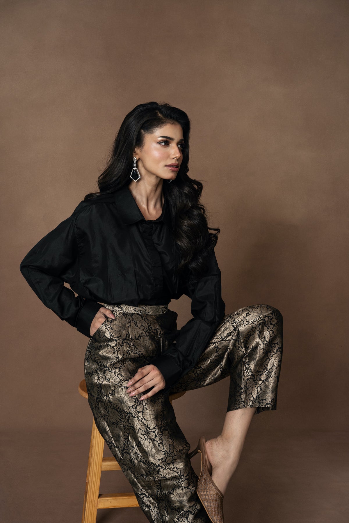 Brocade Barrel Pants with Black Silk Shirt