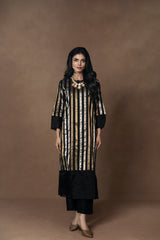 Black Metallic Silk Kurta Set with Organza Detailing