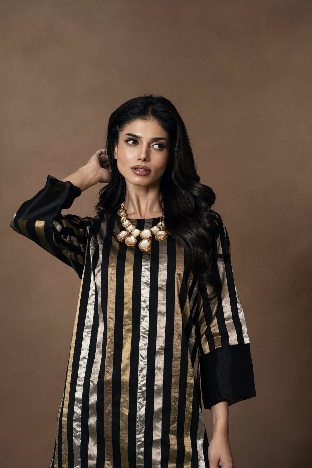 Black Metallic Silk Kurta Set with Organza Detailing
