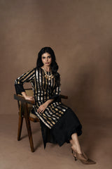Black Metallic Silk Kurta Set with Organza Detailing