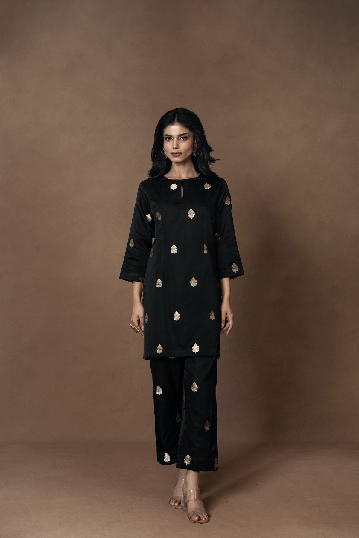 Black Gold Silver Boota Kurta Set