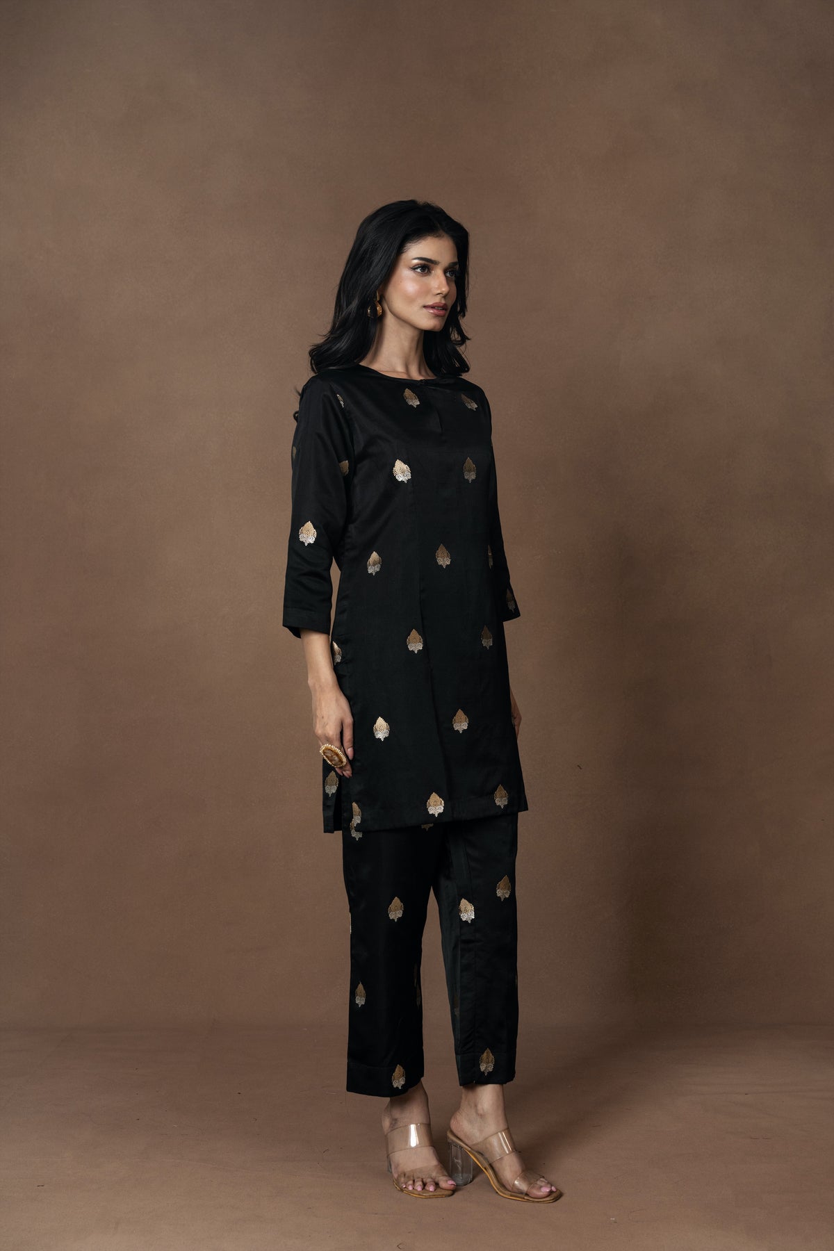 Black Gold Silver Boota Kurta Set