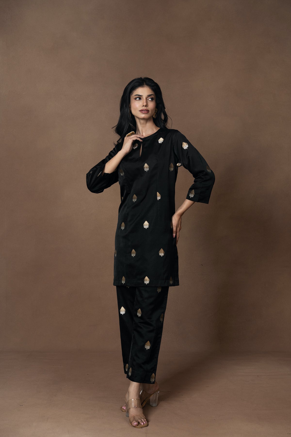 Black Gold Silver Boota Kurta Set