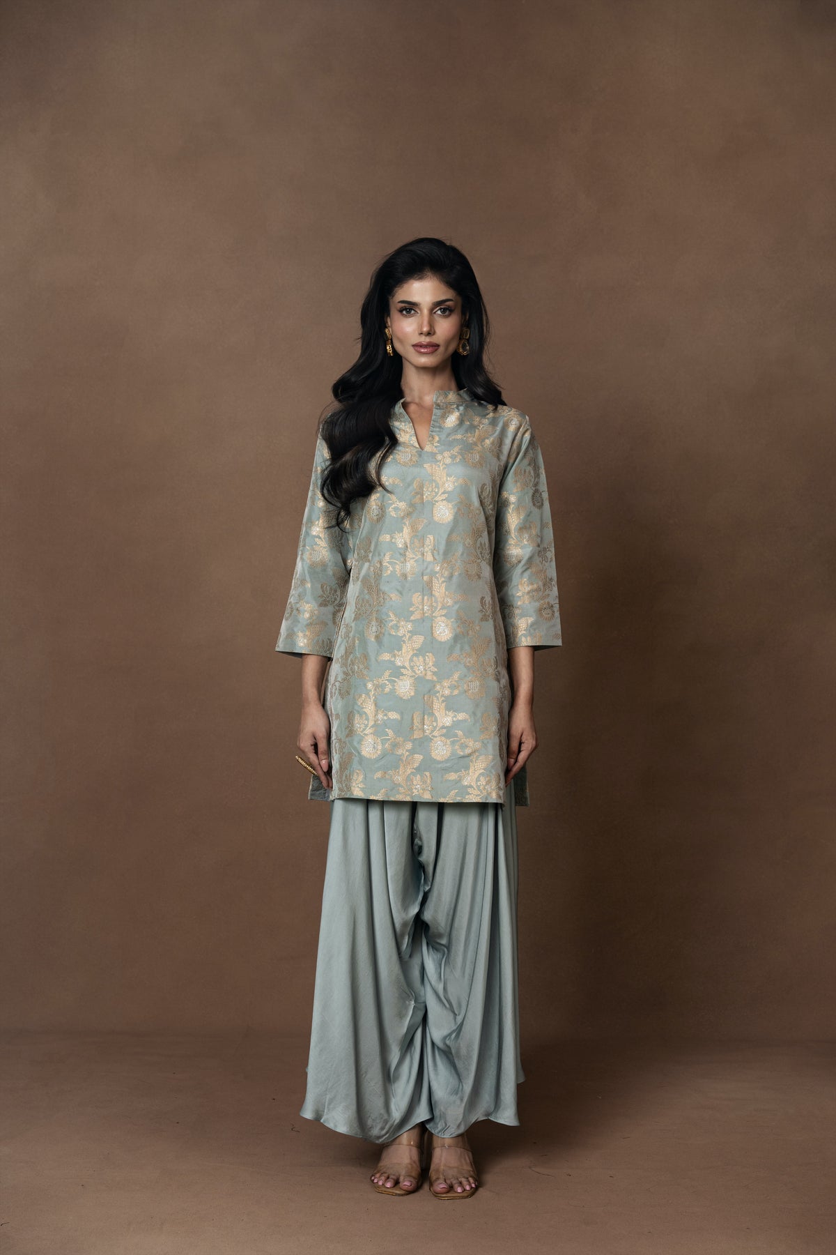 Powder Blue Silk Kurta with Drape Pant Set