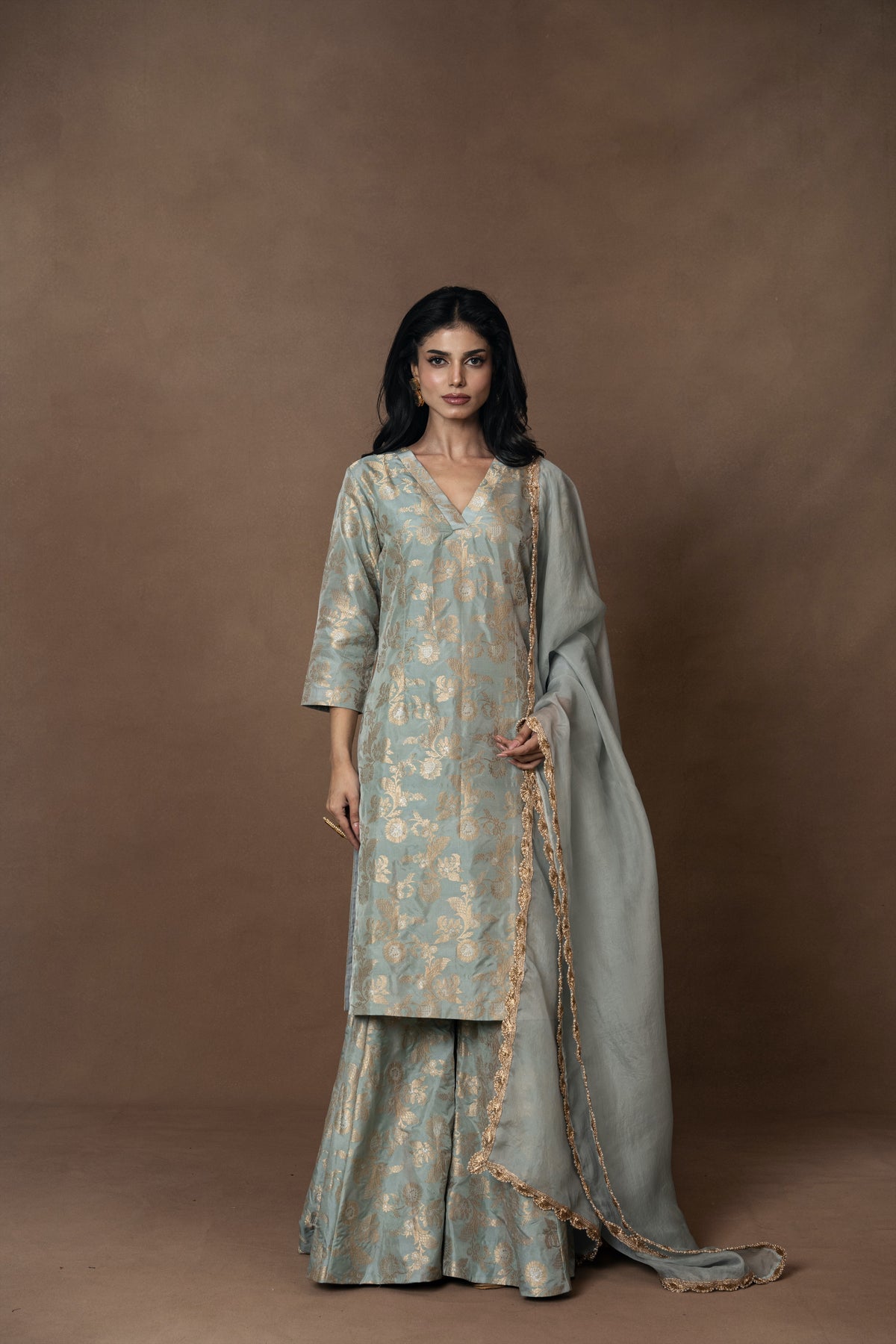 Powder Blue Silk Kurta Garara Set with Organza Duppata
