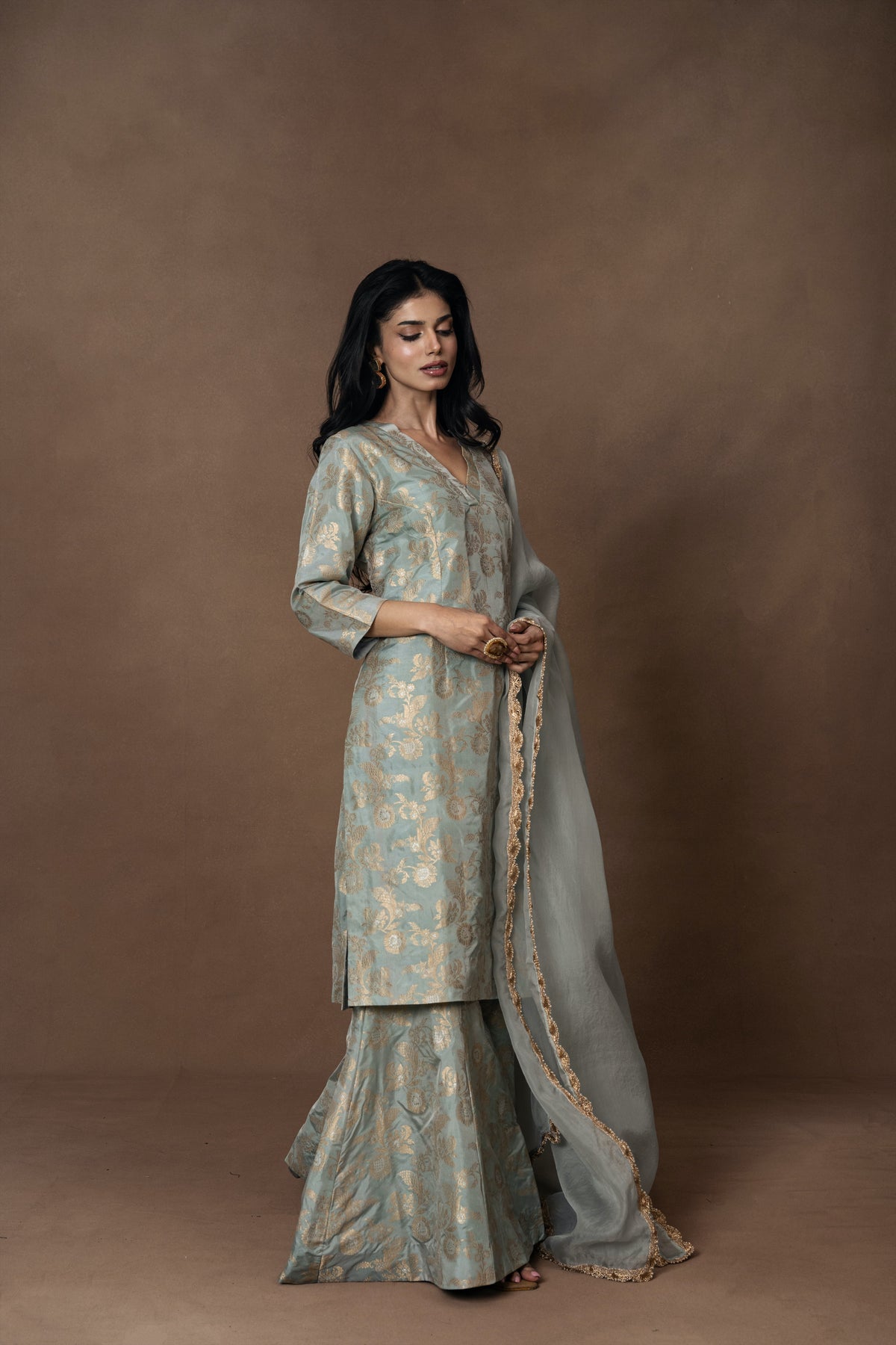 Powder Blue Silk Kurta Garara Set with Organza Duppata