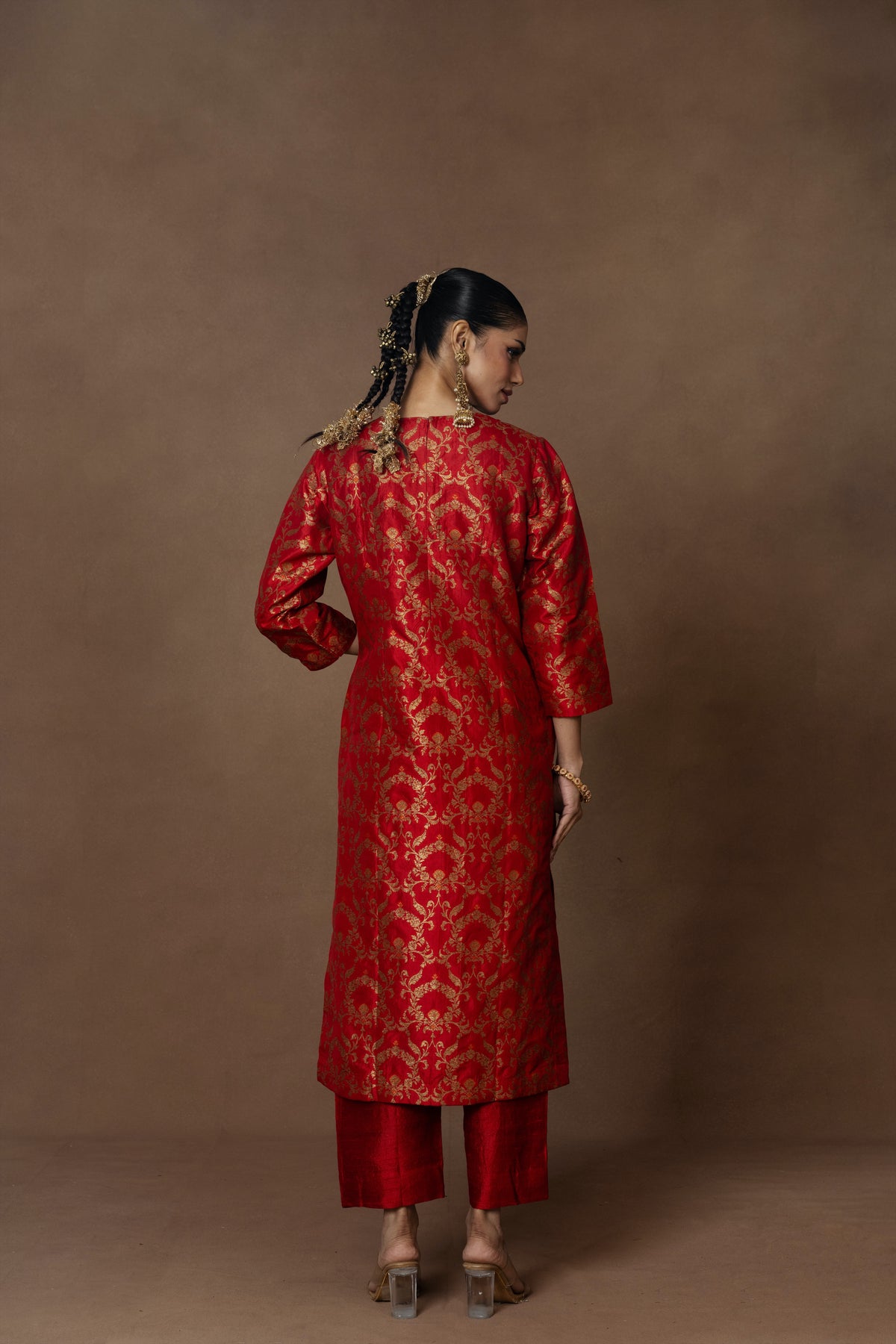 Red Banarsi Jaal Silk Kurta Set