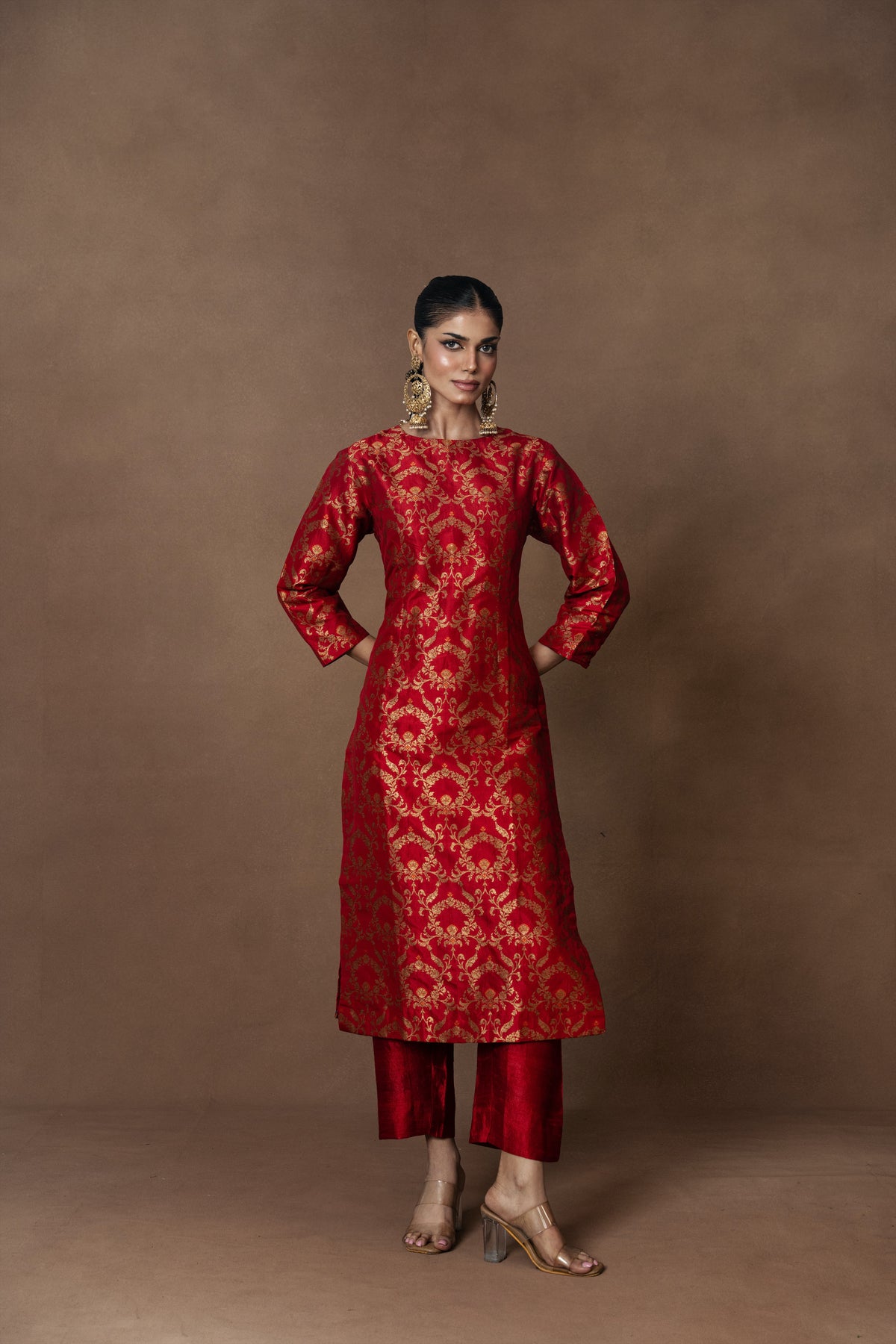 Red Banarsi Jaal Silk Kurta Set