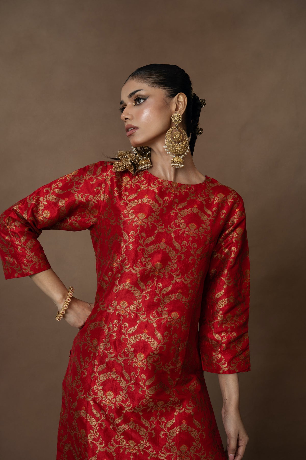 Red Banarsi Jaal Silk Kurta Set