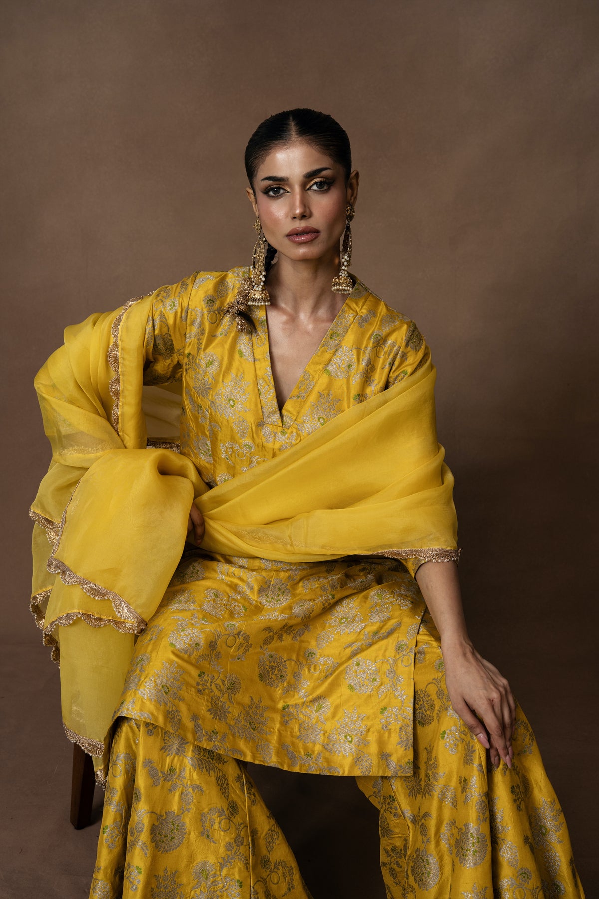 Yellow Silk Kurta Garara Set with Organza Duppata