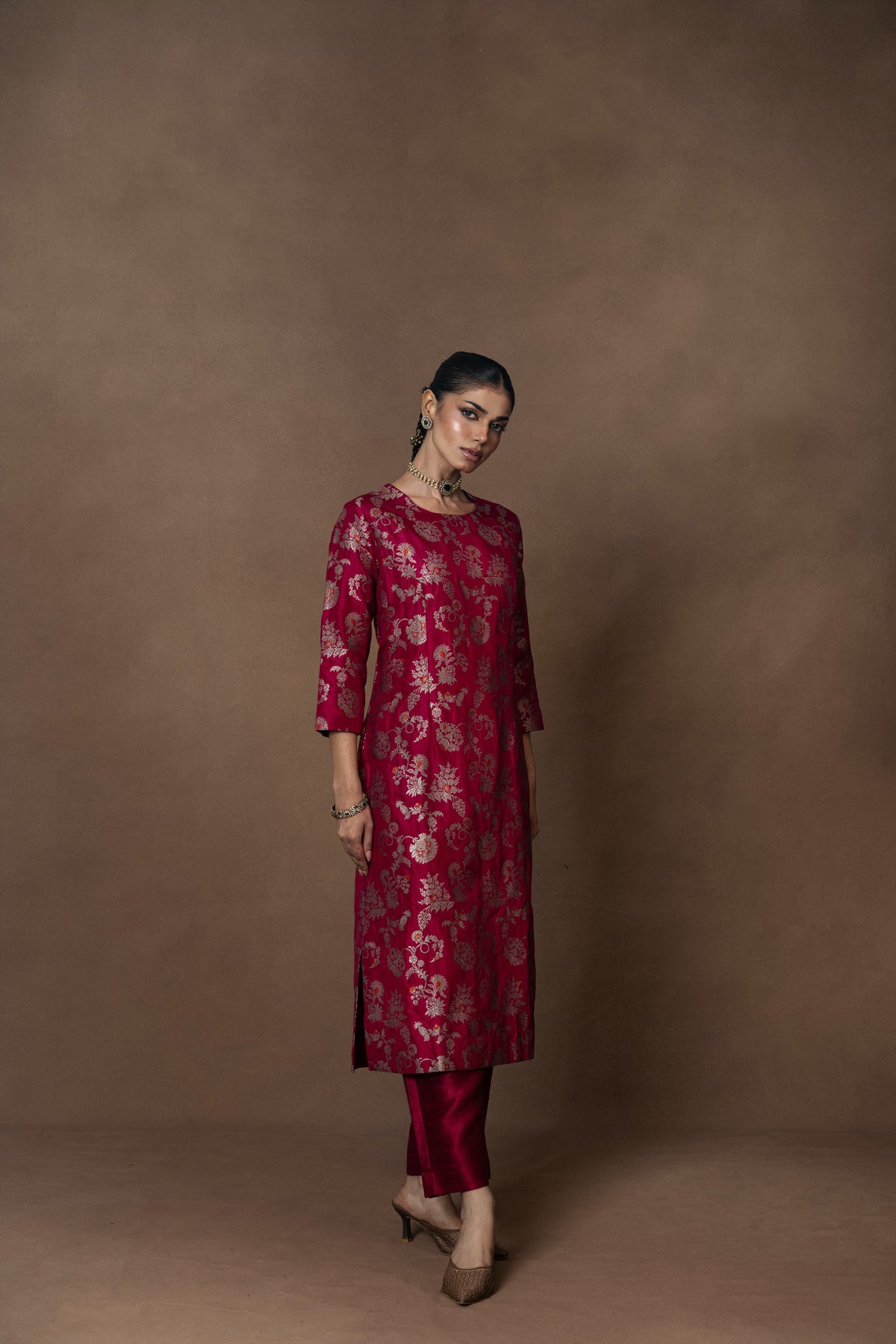 Pink Meenakari Kurta with Raw Silk Pant Set