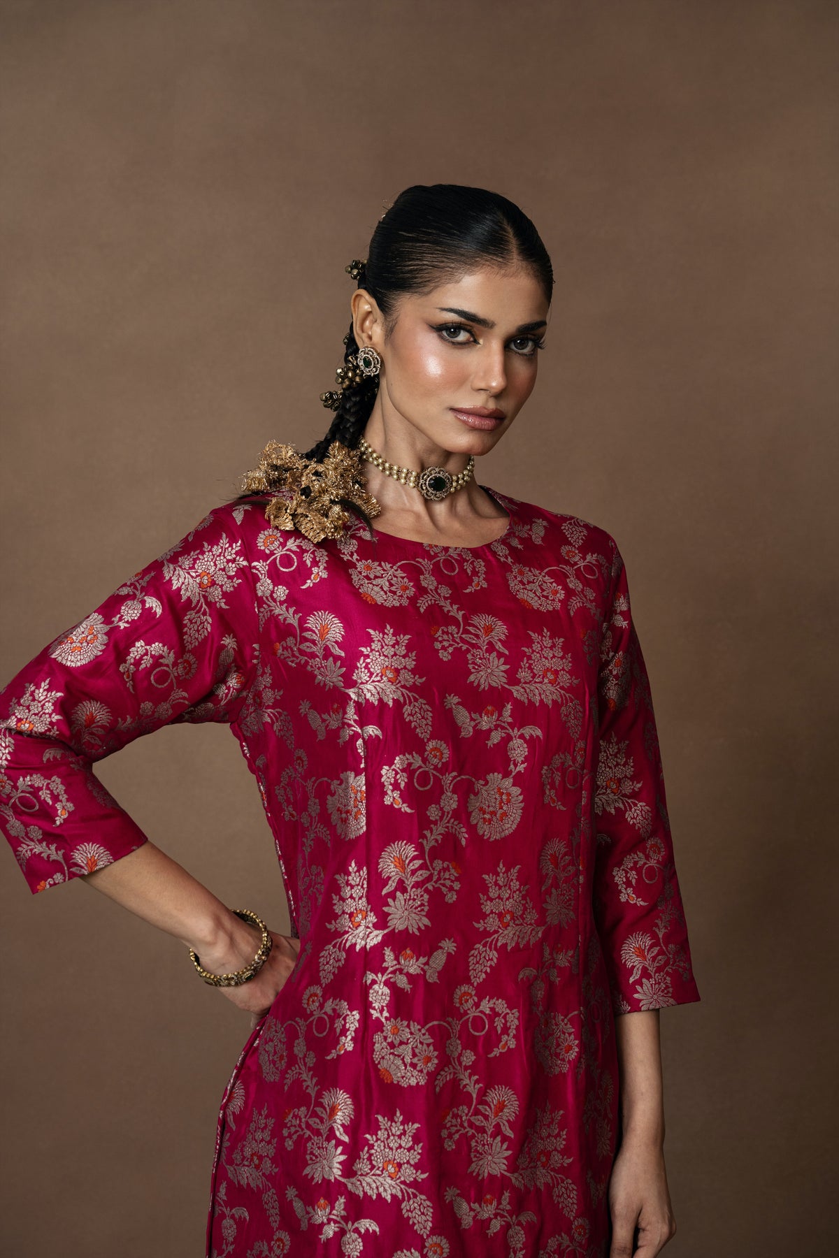 Pink Meenakari Kurta with Raw Silk Pant Set