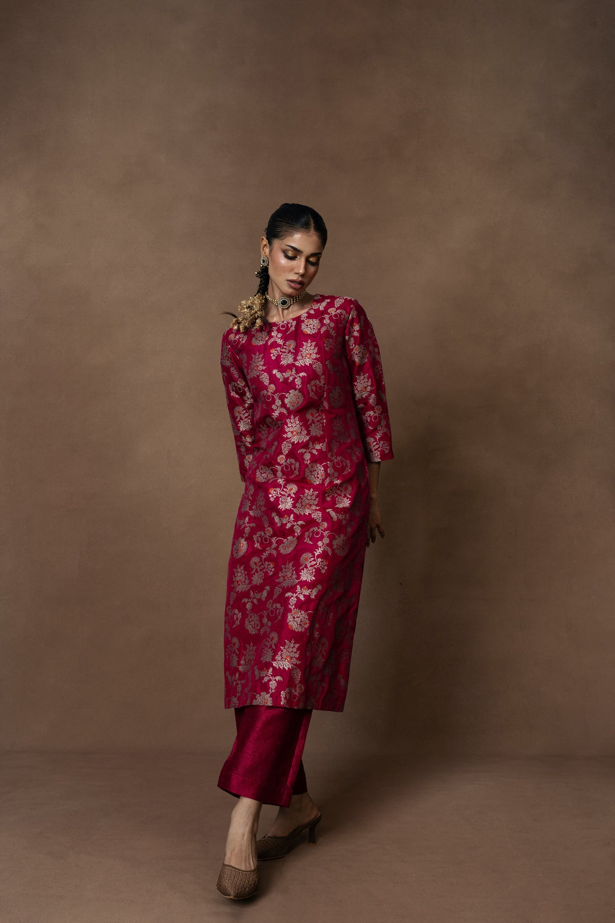 Pink Meenakari Kurta with Raw Silk Pant Set
