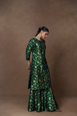 Green Floral Jaal Silk Kurta Garara with Zardosi Duppatta
