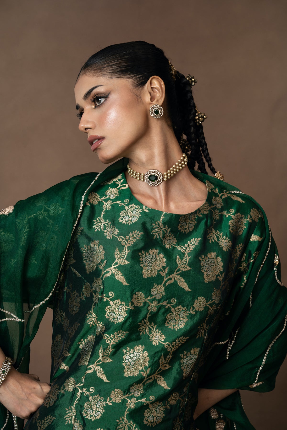 Green Floral Jaal Silk Kurta Garara with Zardosi Duppatta