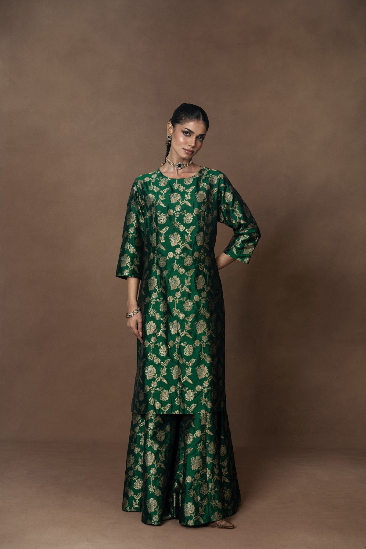 Green Floral Jaal Silk Kurta Garara with Zardosi Duppatta