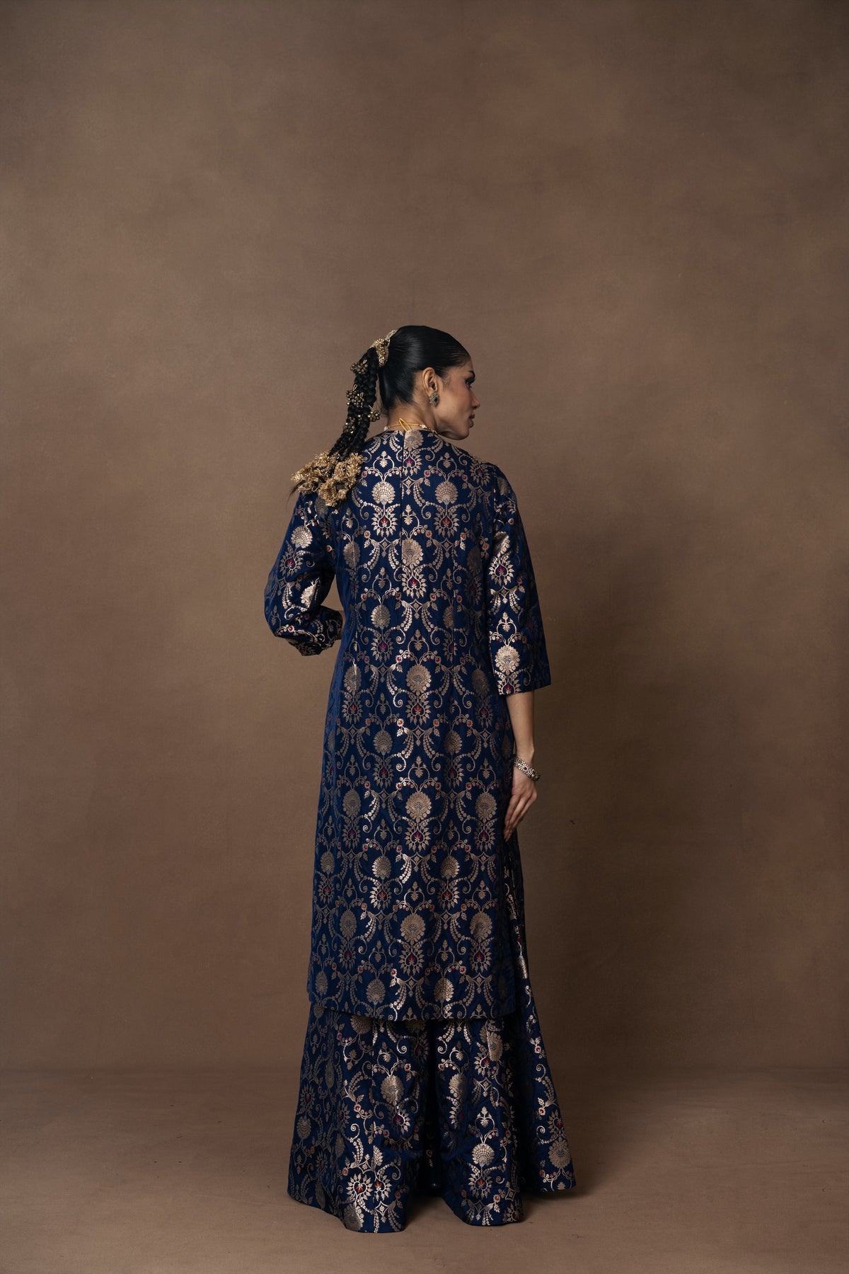 Blue Jaal Silk Kurta Garara with Organza Duppatta