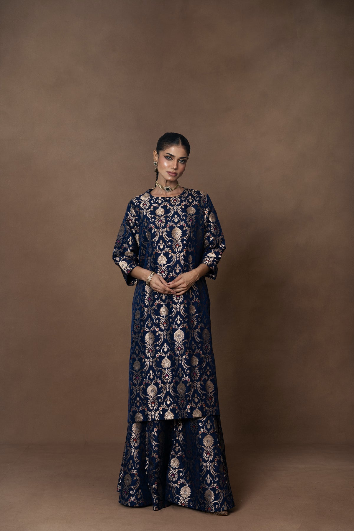 Blue Jaal Silk Kurta Garara with Organza Duppatta