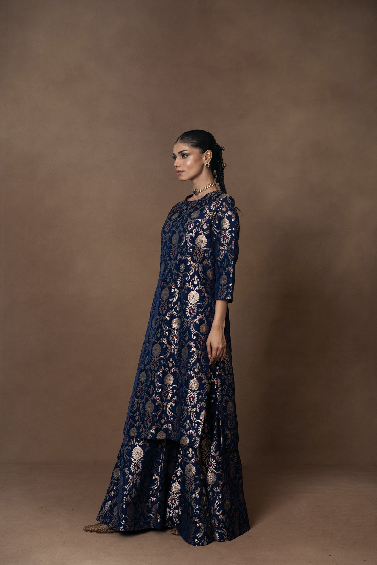Blue Jaal Silk Kurta Garara with Organza Duppatta