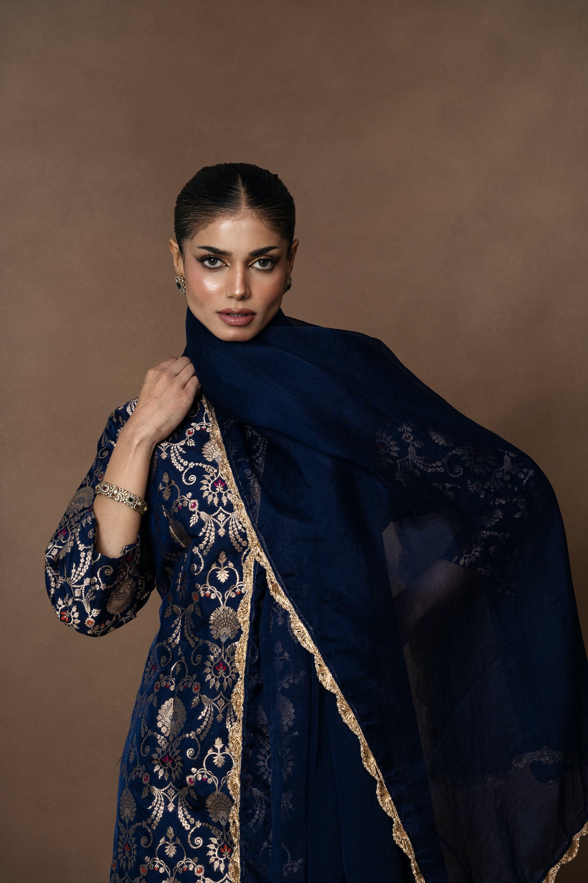 Blue Jaal Silk Kurta Garara with Organza Duppatta