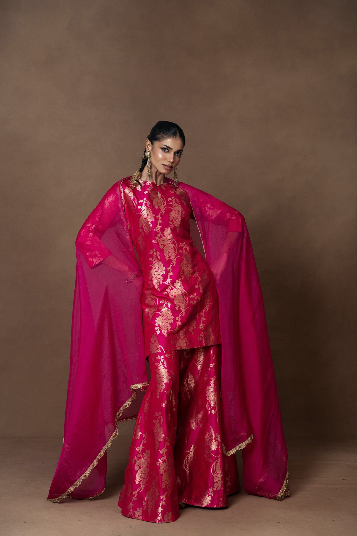 Pink Floral Silk Kurta Garara Set