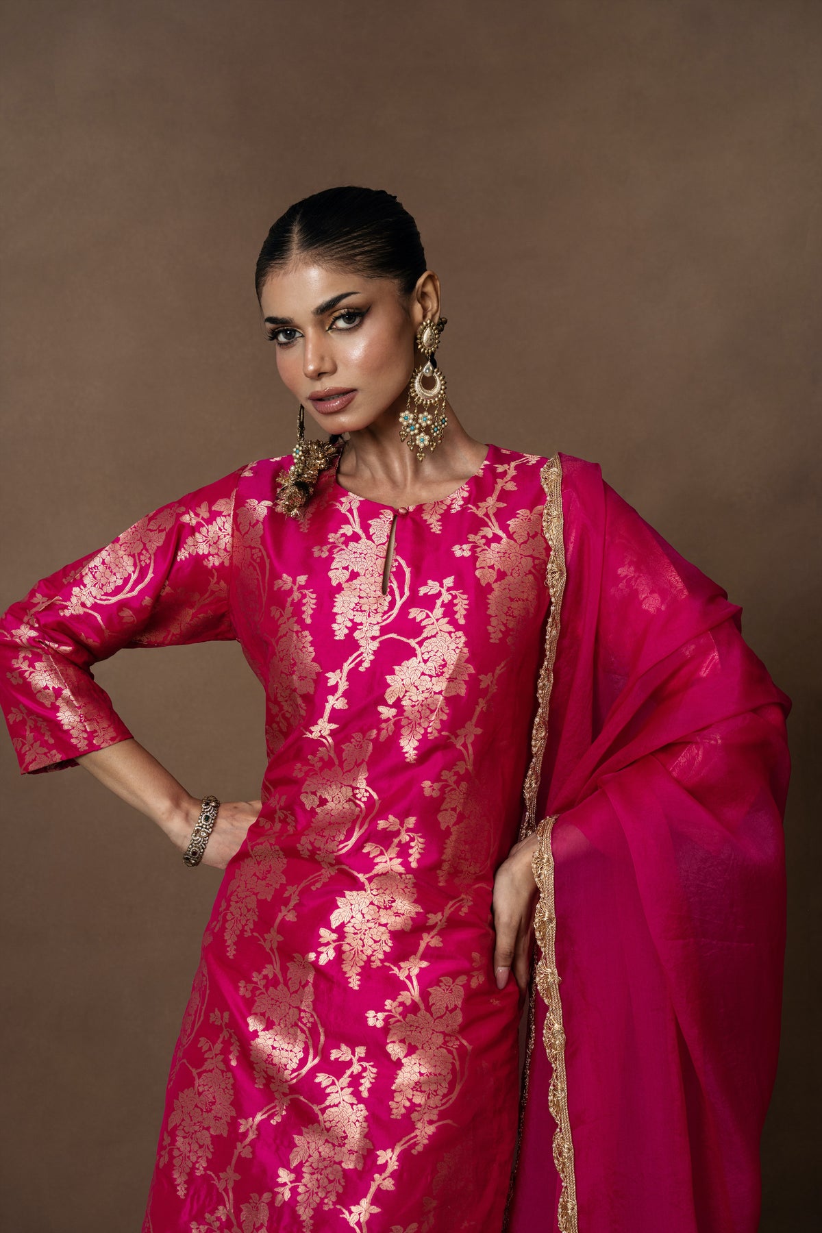Pink Floral Silk Kurta Garara Set