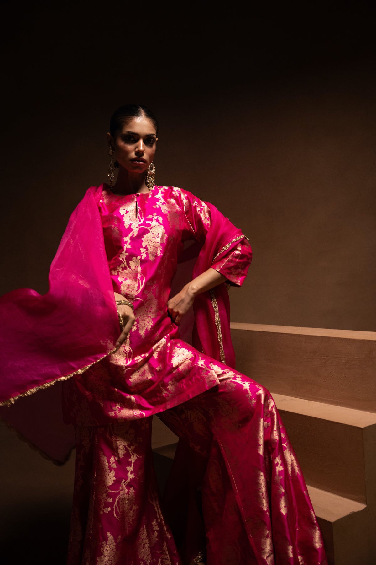 Pink Floral Silk Kurta Garara Set