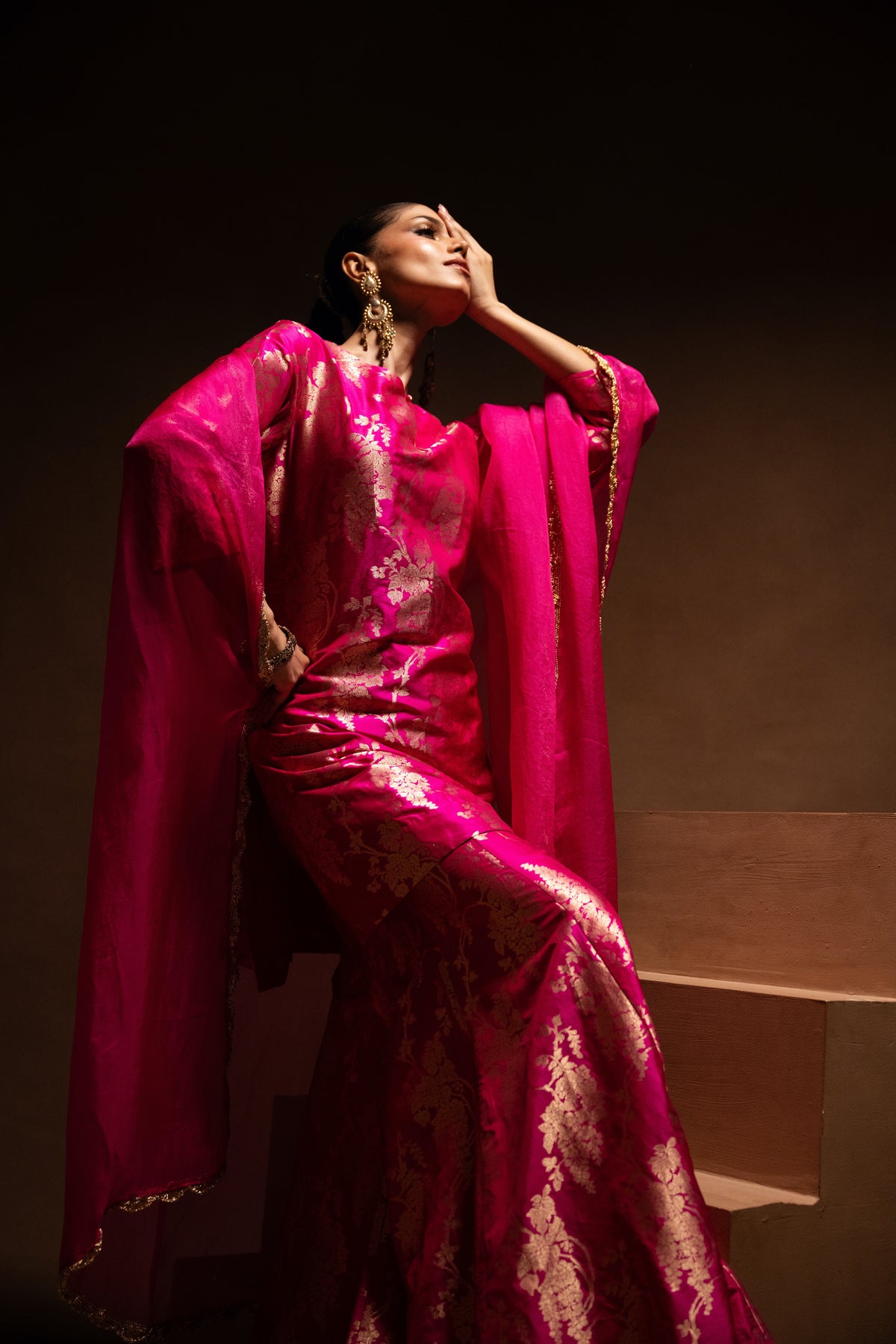 Pink Floral Silk Kurta Garara Set