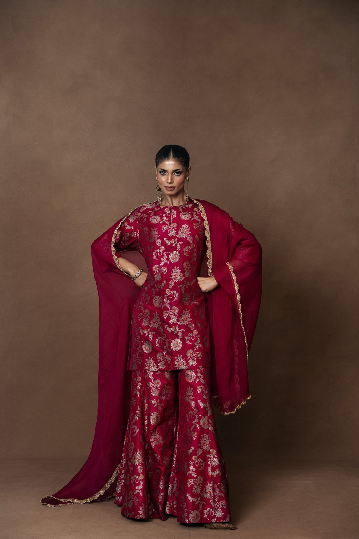 Pink Meenakari Silk Kurta Garara with Organza Duppatta