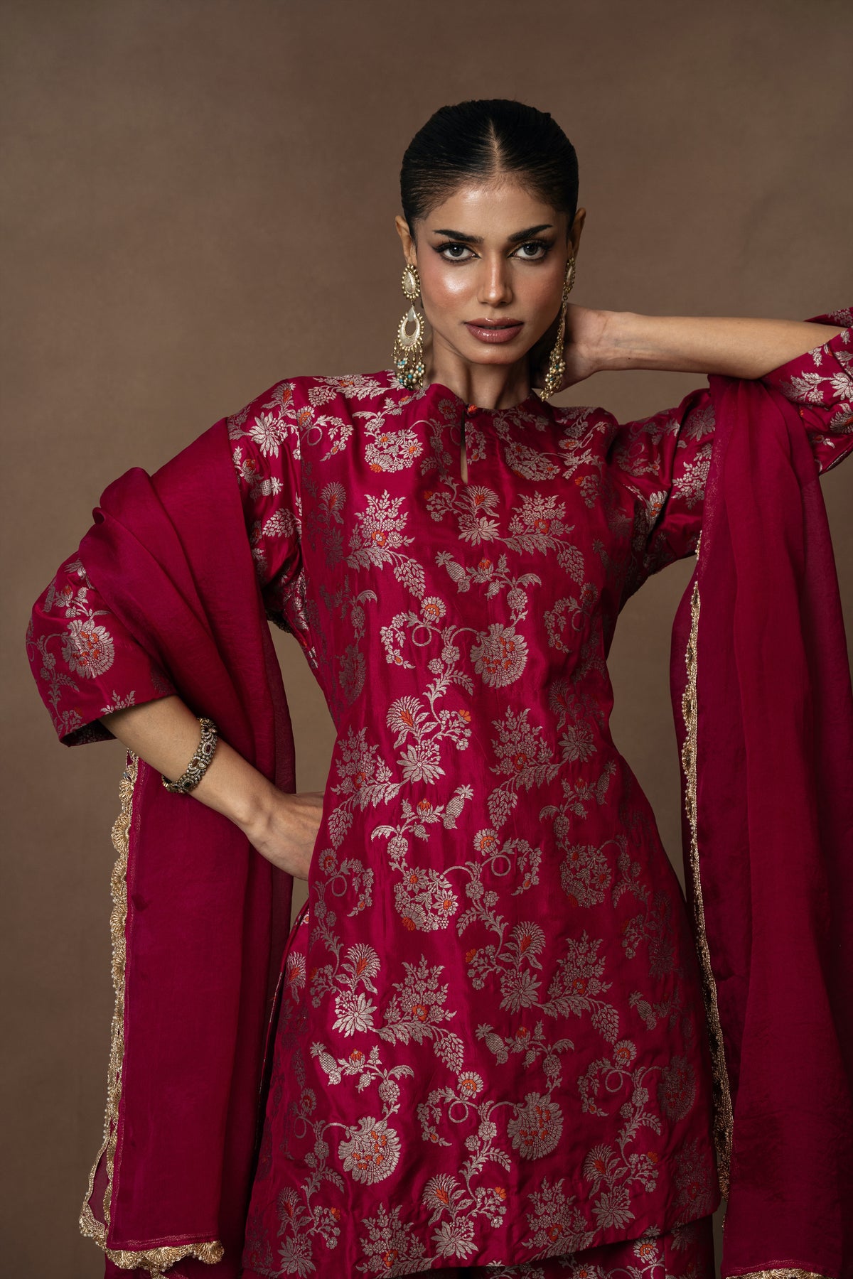 Pink Meenakari Silk Kurta Garara with Organza Duppatta