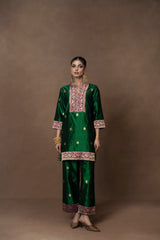 Green Silk Boota Kurta Pant Set