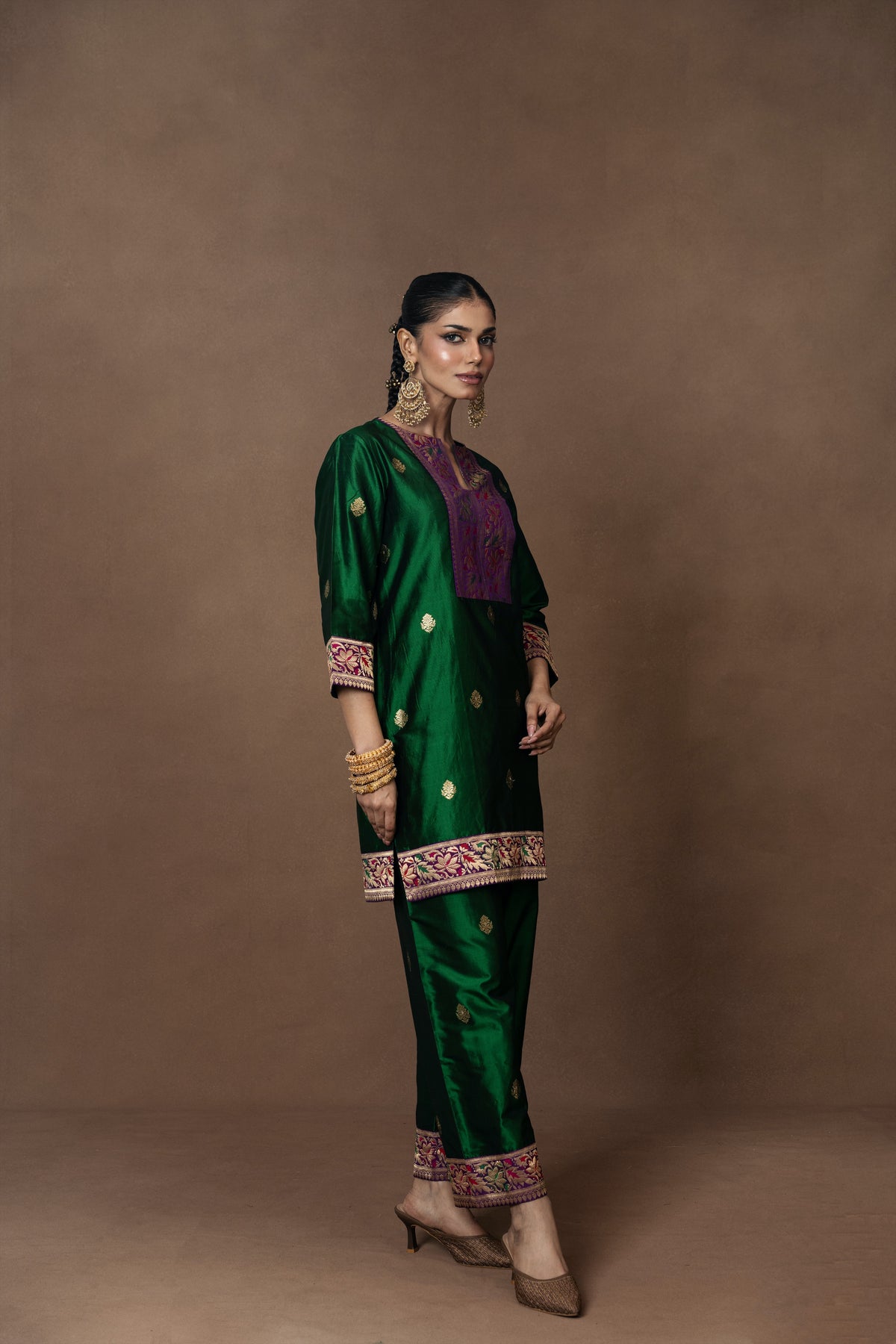 Green Silk Boota Kurta Pant Set