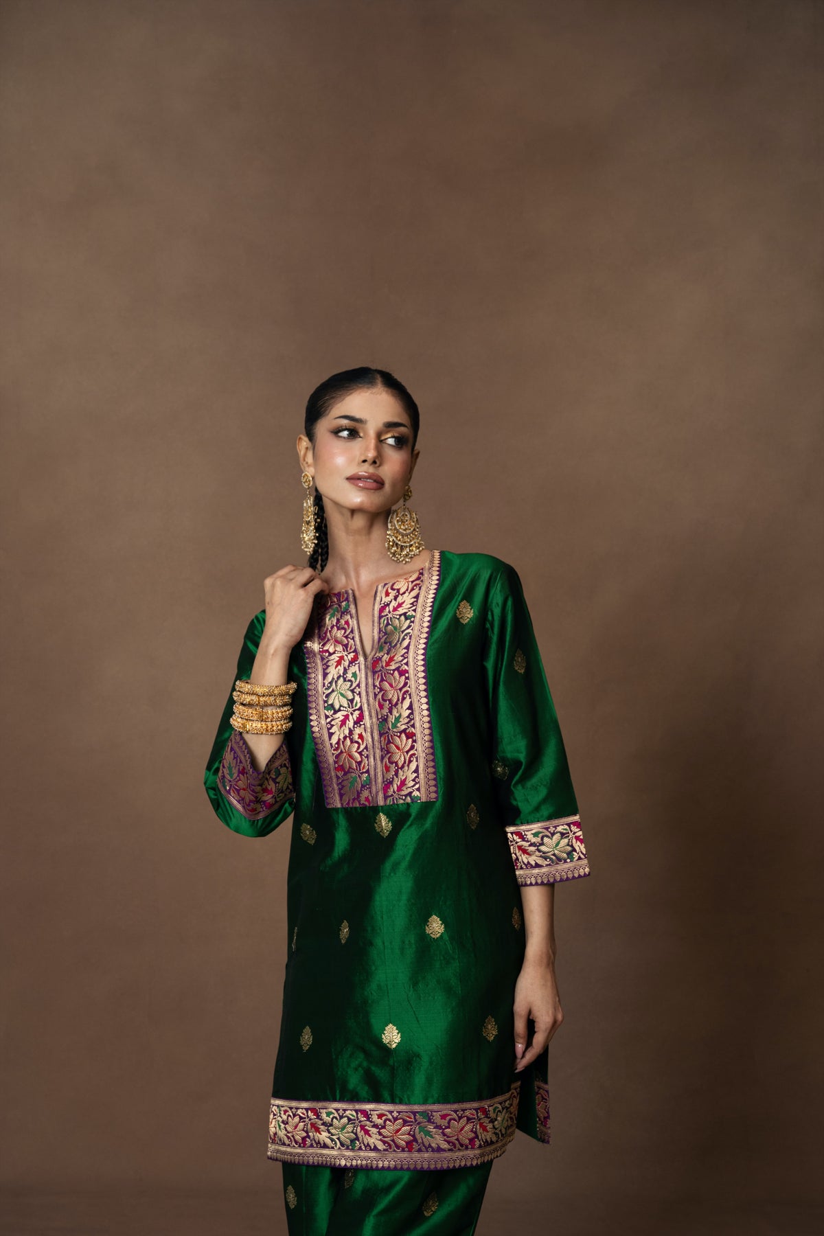 Green Silk Boota Kurta Pant Set