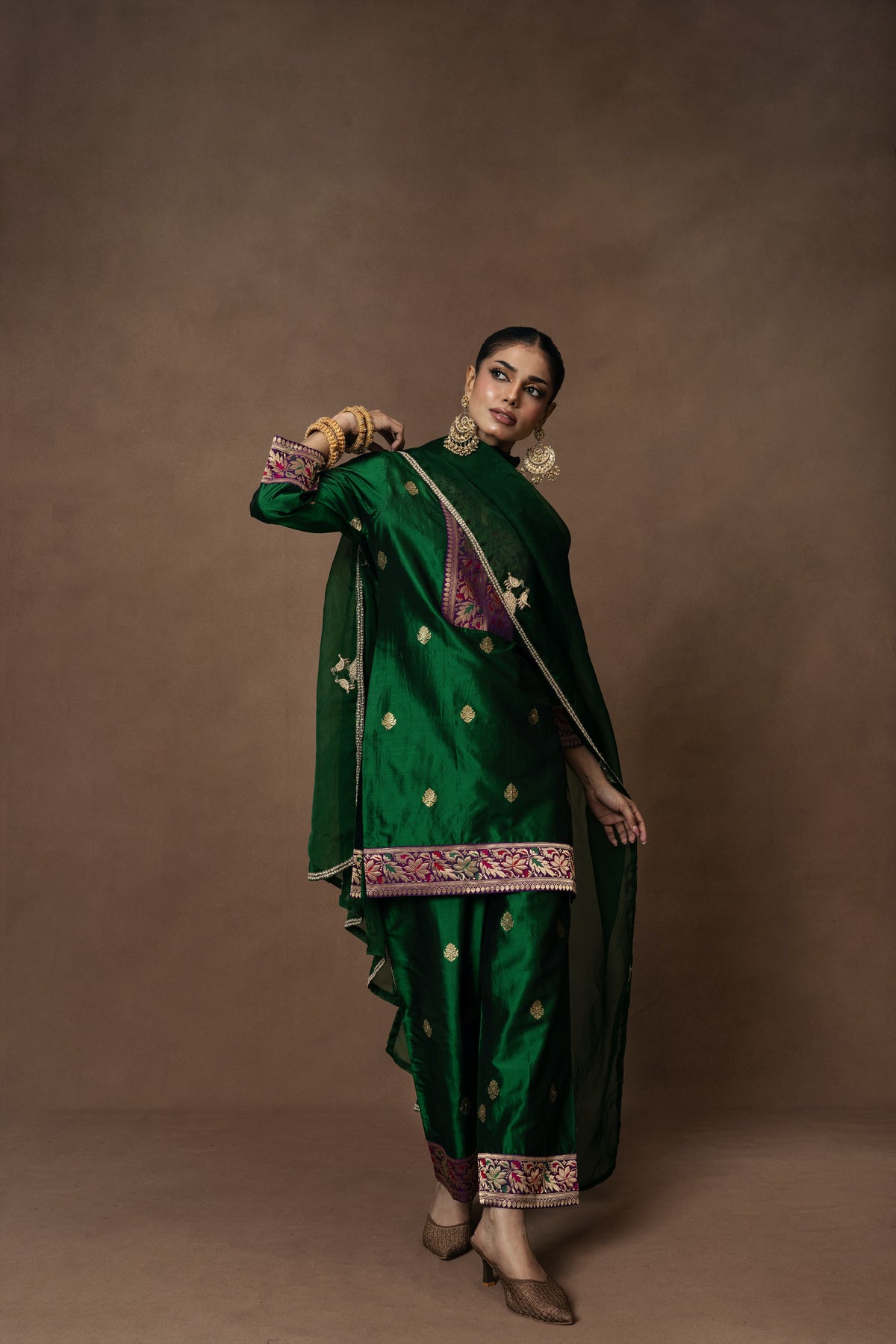 Green Silk Boota Kurta Pant Set with Hand Embroidered Duppatta