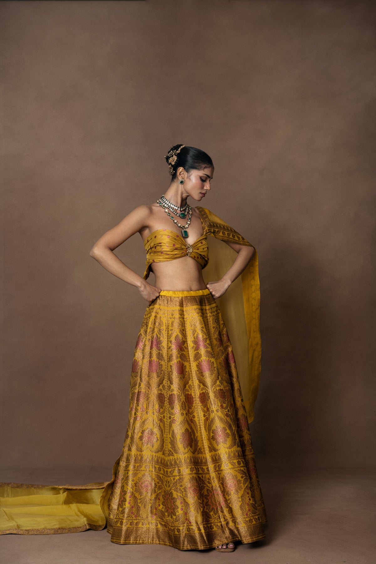 Yellow Meenakari Silk Lehenga with Organza Duppatta and Blouse Piece