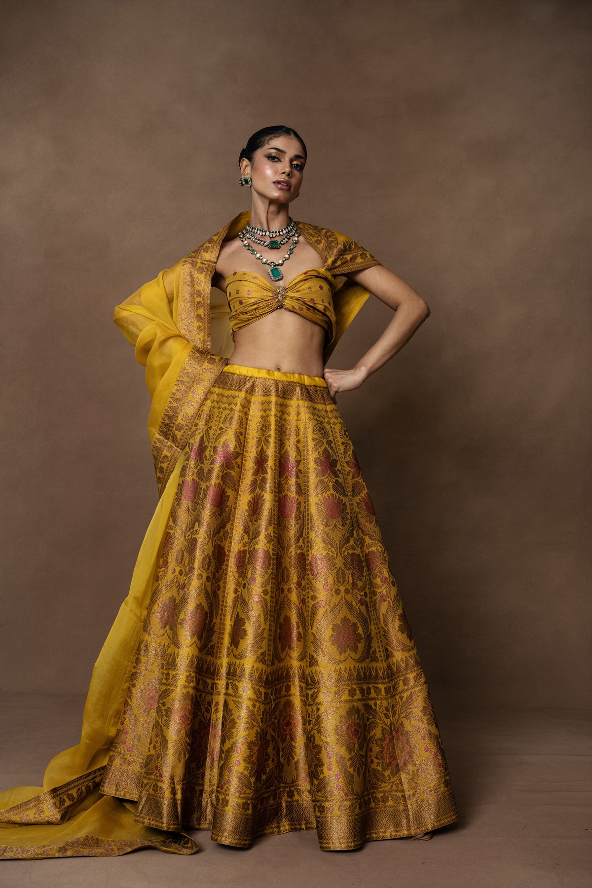 Yellow Meenakari Silk Lehenga with Organza Duppatta and Blouse Piece