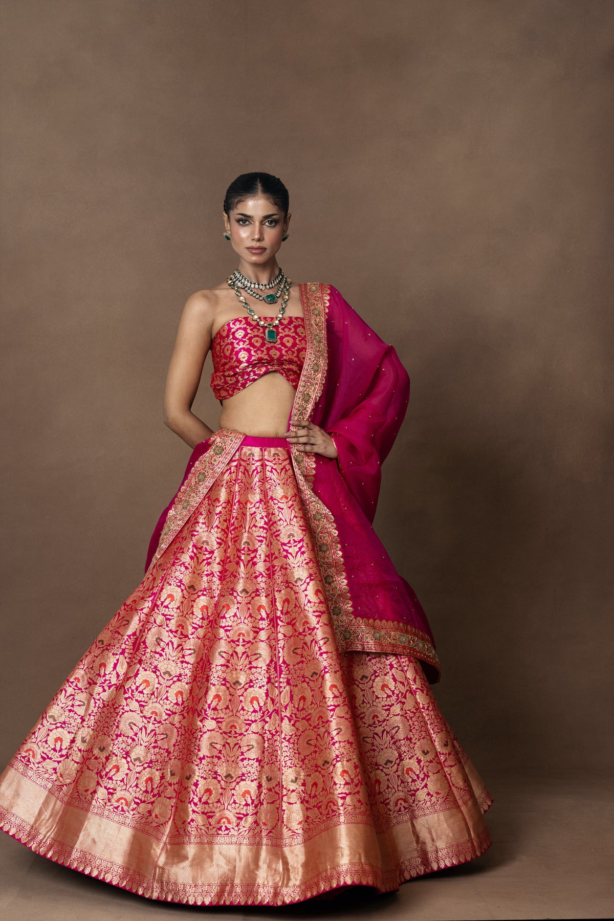 Pink Meenakari Brocade Lehenga with Zardosi Organza Duppatta and Blouse Piece