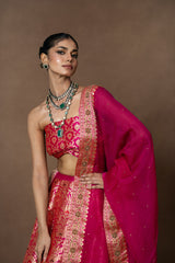 Pink Meenakari Brocade Lehenga with Zardosi Organza Duppatta and Blouse Piece