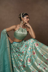 Firozi Banarsi Silk Lehenga with Zardosi Organza Duppatta and Blouse Piece