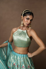 Firozi Banarsi Silk Lehenga with Zardosi Organza Duppatta and Blouse Piece