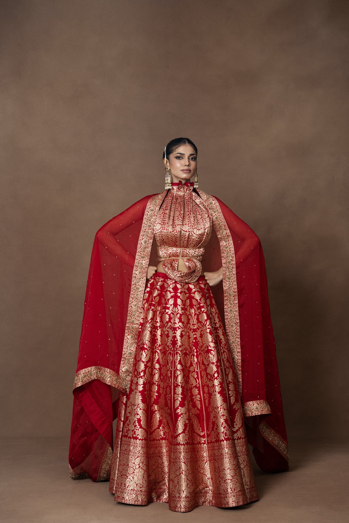 Red Banarsi Silk Lehenga with Zardosi Organza Duppatta and Blouse Piece