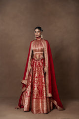 Red Banarsi Silk Lehenga with Zardosi Organza Duppatta and Blouse Piece