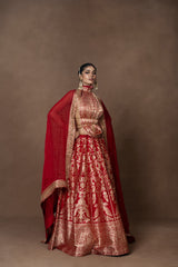 Red Banarsi Silk Lehenga with Zardosi Organza Duppatta and Blouse Piece
