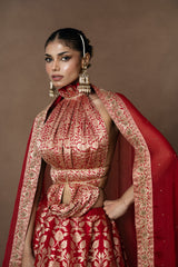 Red Banarsi Silk Lehenga with Zardosi Organza Duppatta and Blouse Piece