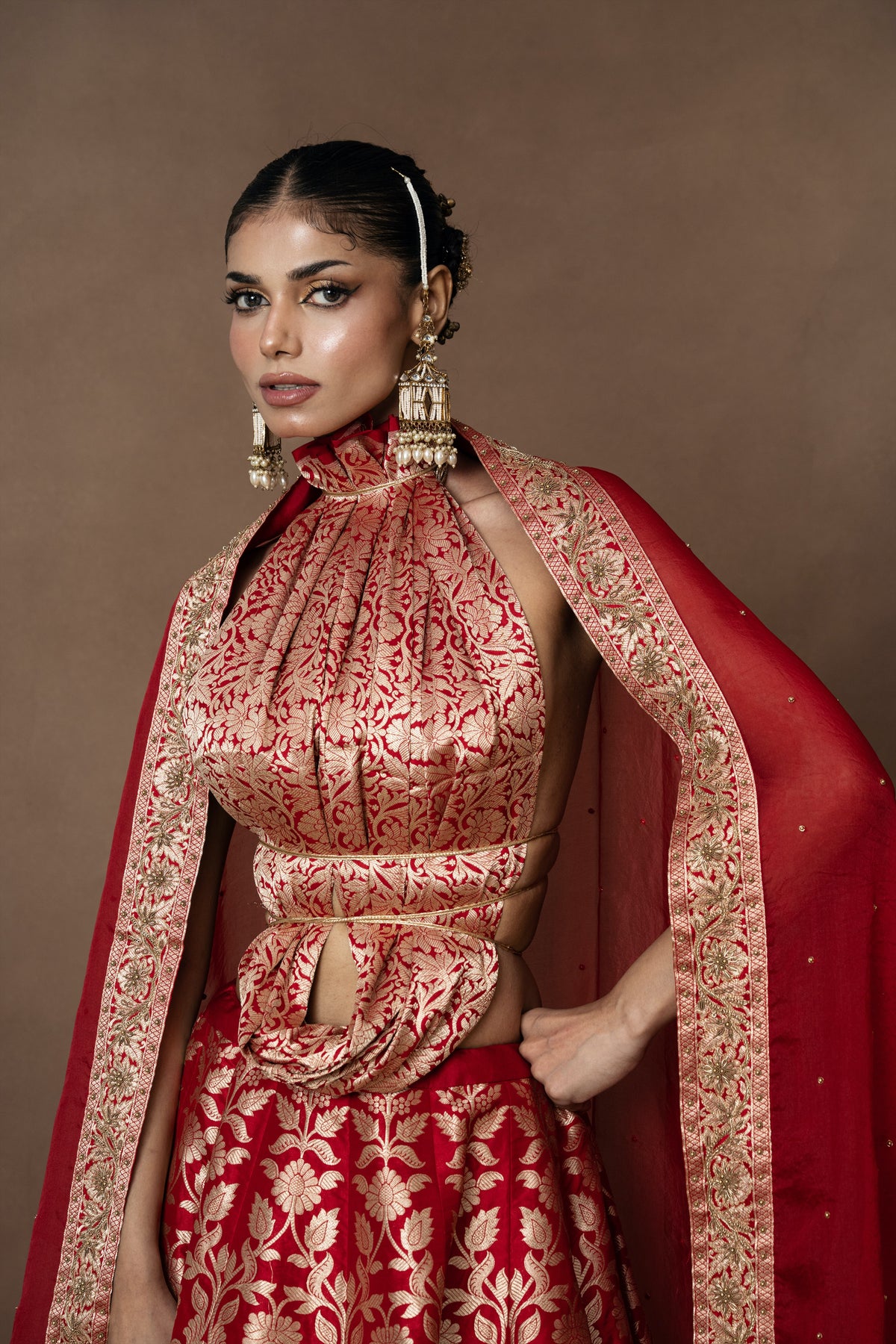 Red Banarsi Silk Lehenga with Zardosi Organza Duppatta and Blouse Piece