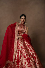 Red Banarsi Silk Lehenga with Zardosi Organza Duppatta and Blouse Piece