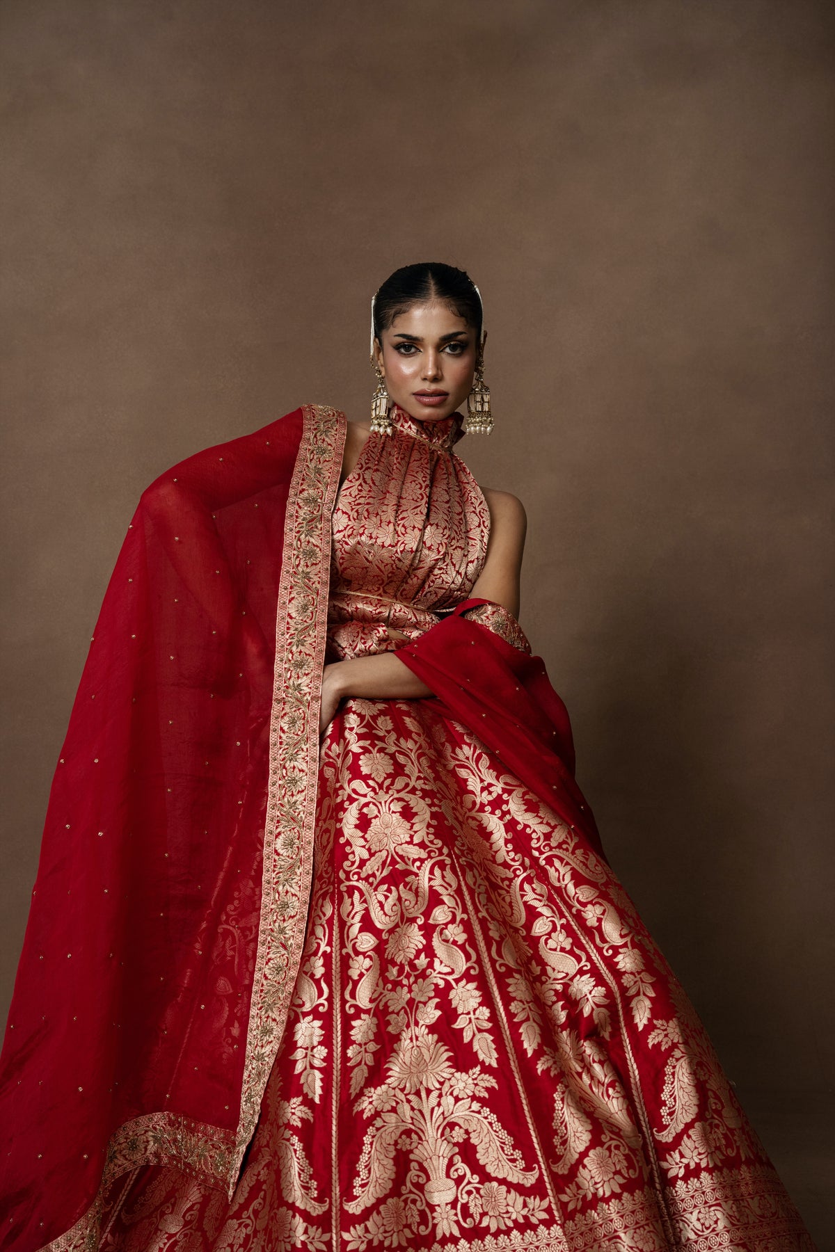 Red Banarsi Silk Lehenga with Zardosi Organza Duppatta and Blouse Piece