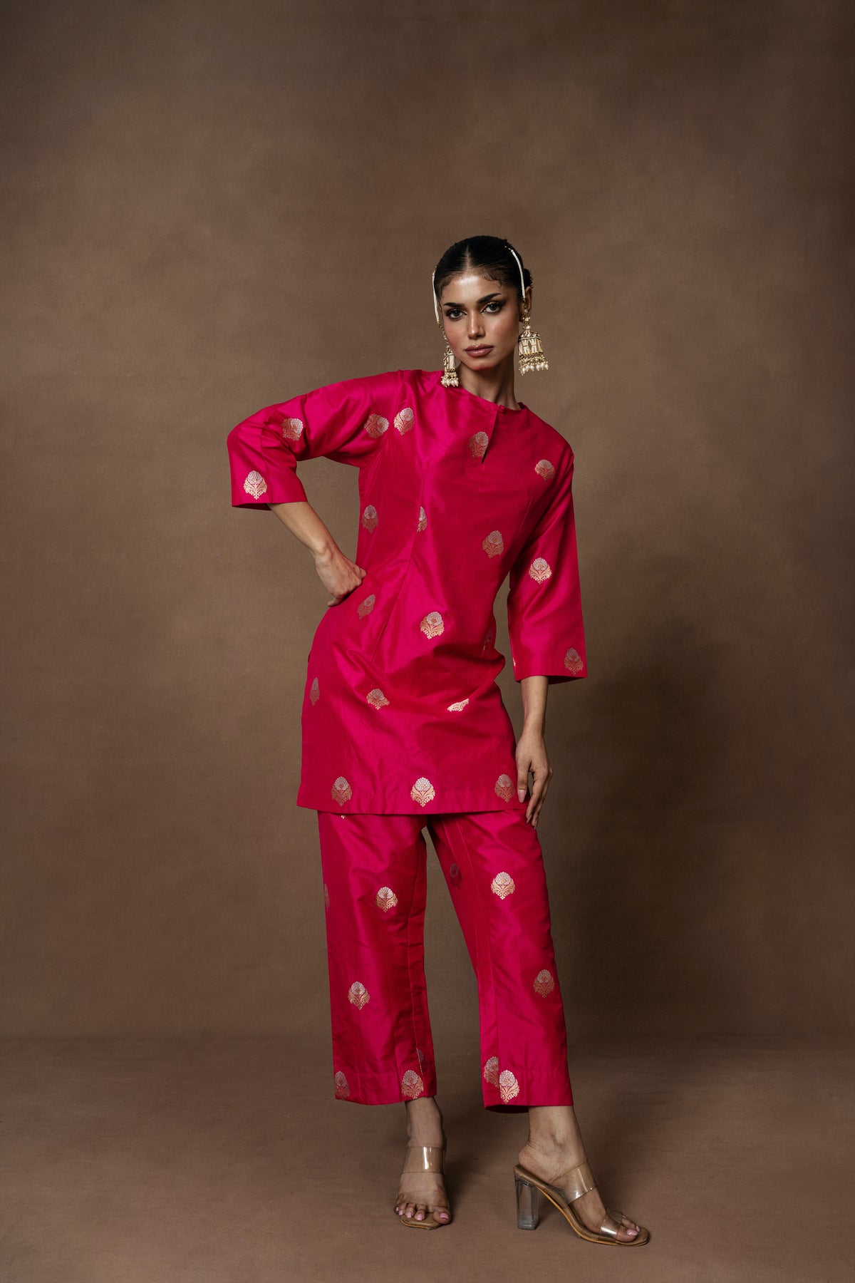 Pink Silk Boota Kurta Set