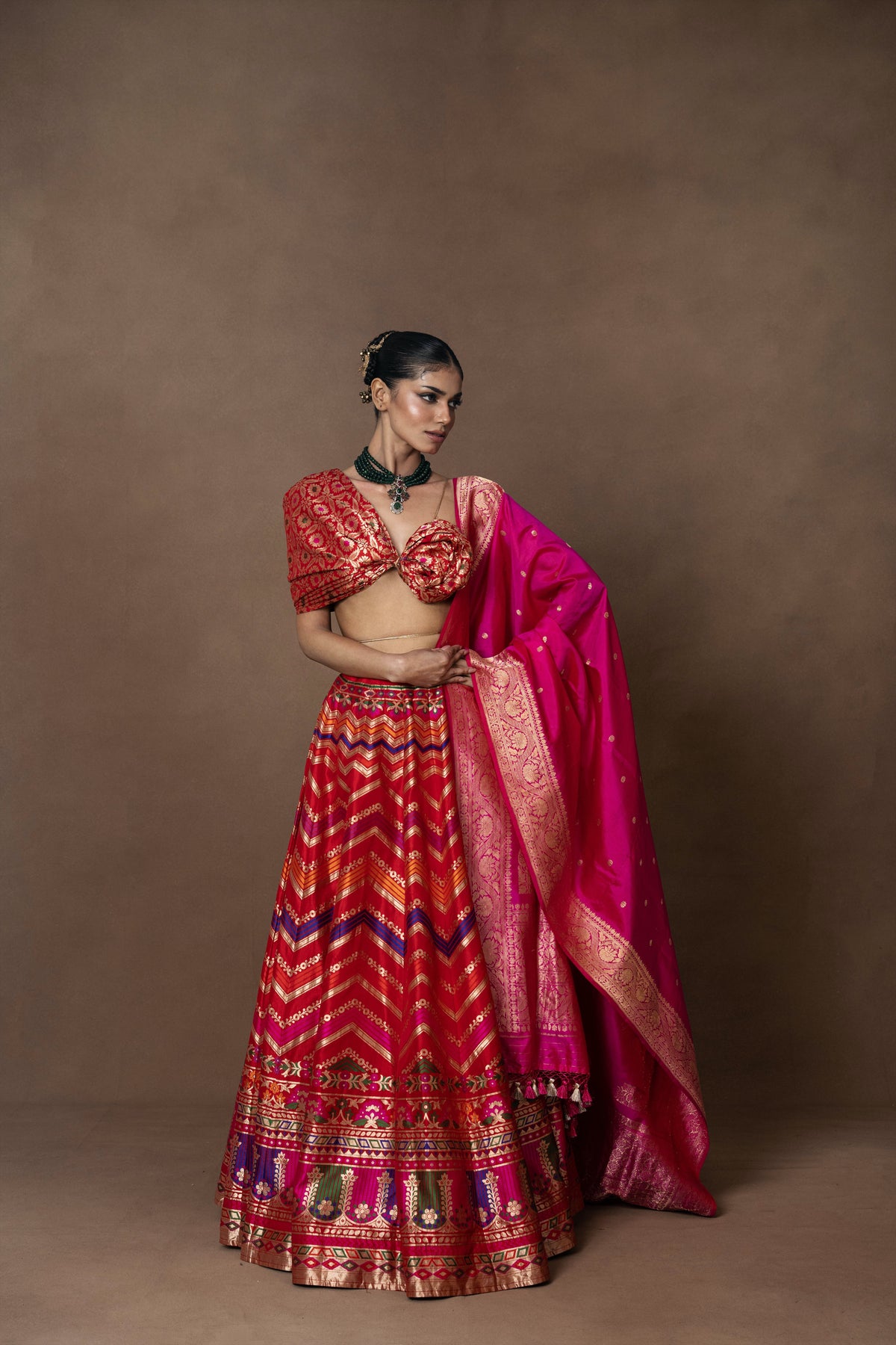 Rangkaat Lehenga with Pink Silk Duppatta and Blouse Piece